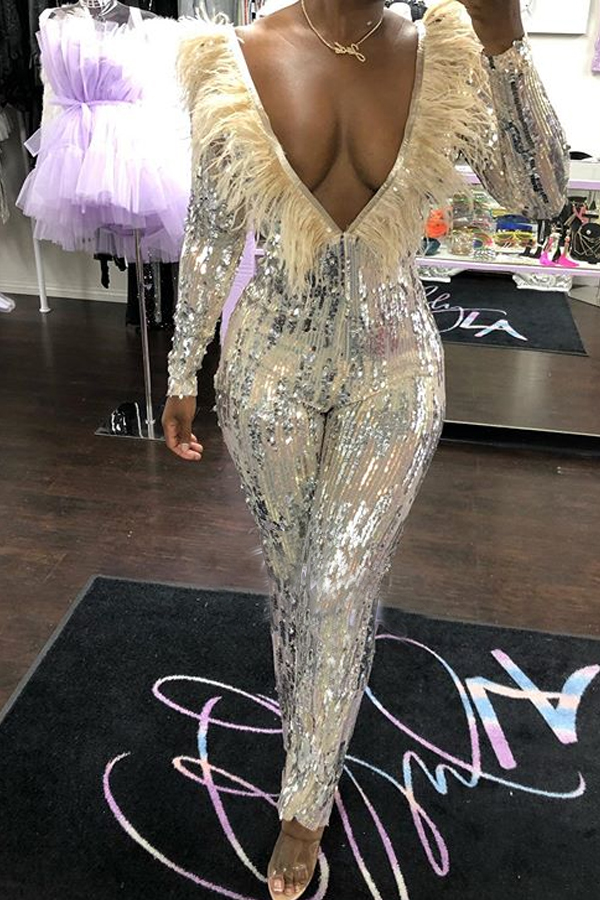 

Lovely Casual Deep V Neck Silver One-piece Jumpsuit