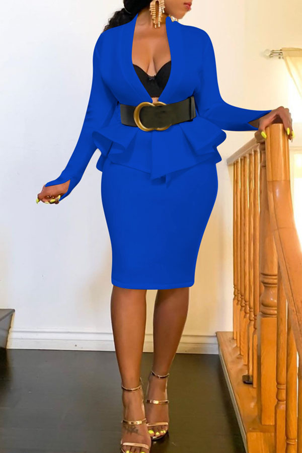 

Lovely Work V Neck Flounce Design Blue Two-piece Skirt Set