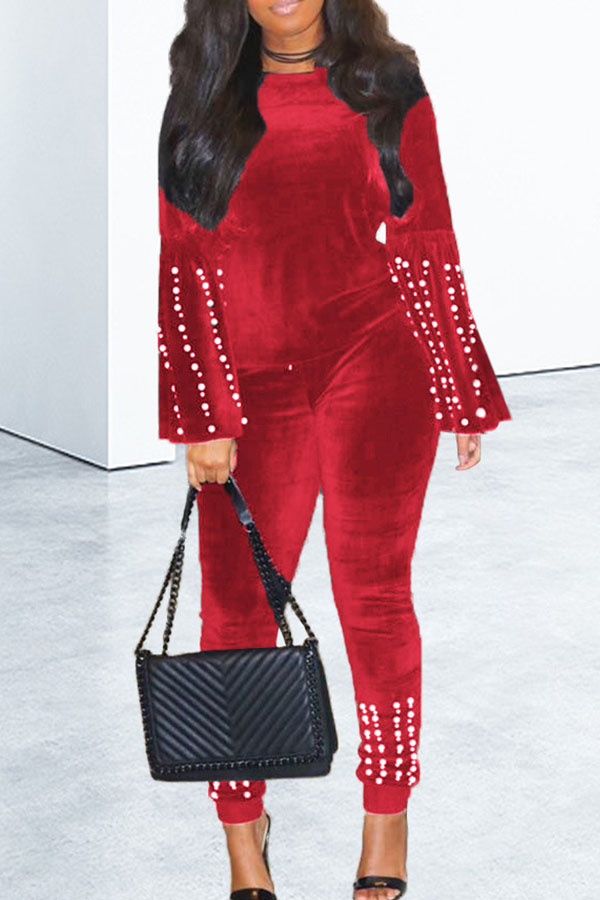 

Lovely Casual O Neck Nail Bead Design Red Two-piece Pants Set