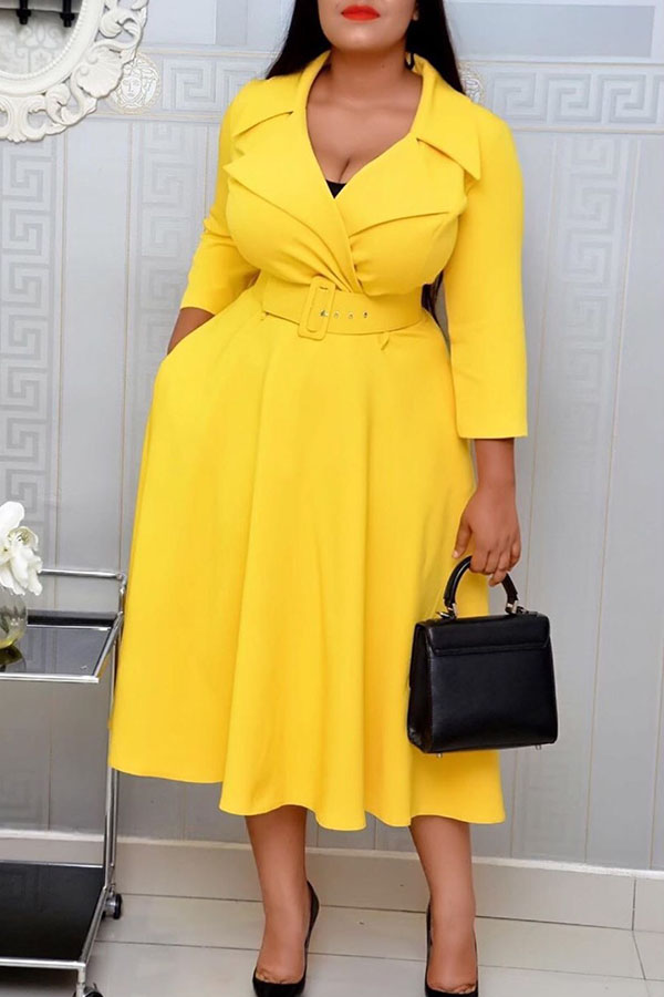 

Lovely Casual V Neck Yellow Mid Calf Plus Size Dress