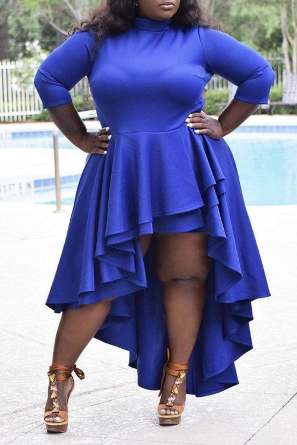 

Lovely Trendy Flounce Design Blue Ankle Length Plus Size Dress