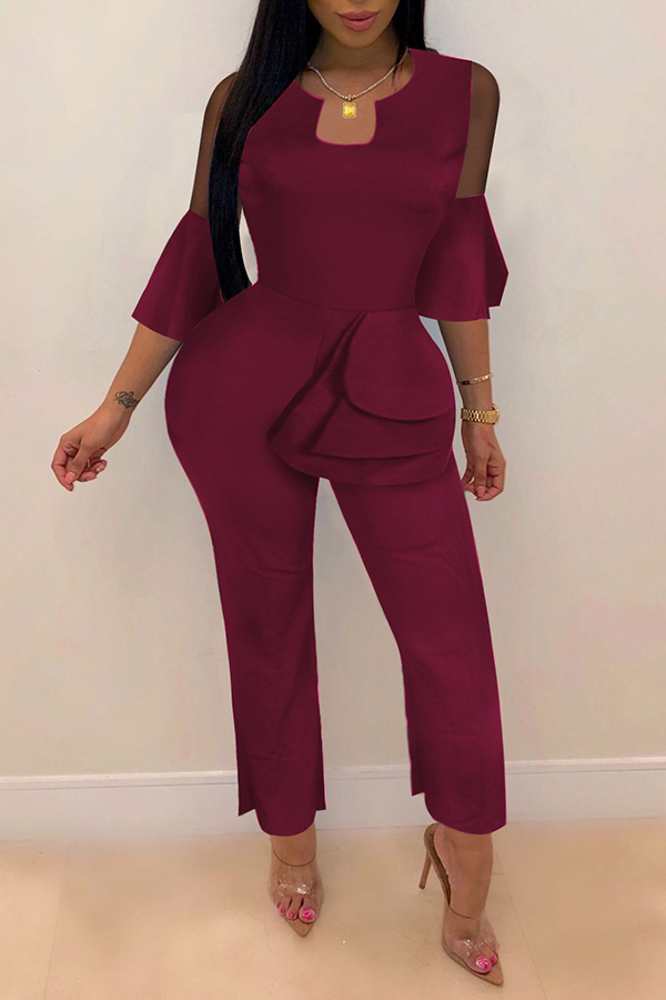 

Lovely Trendy Flounce Design Wine Red One-piece Jumpsuit