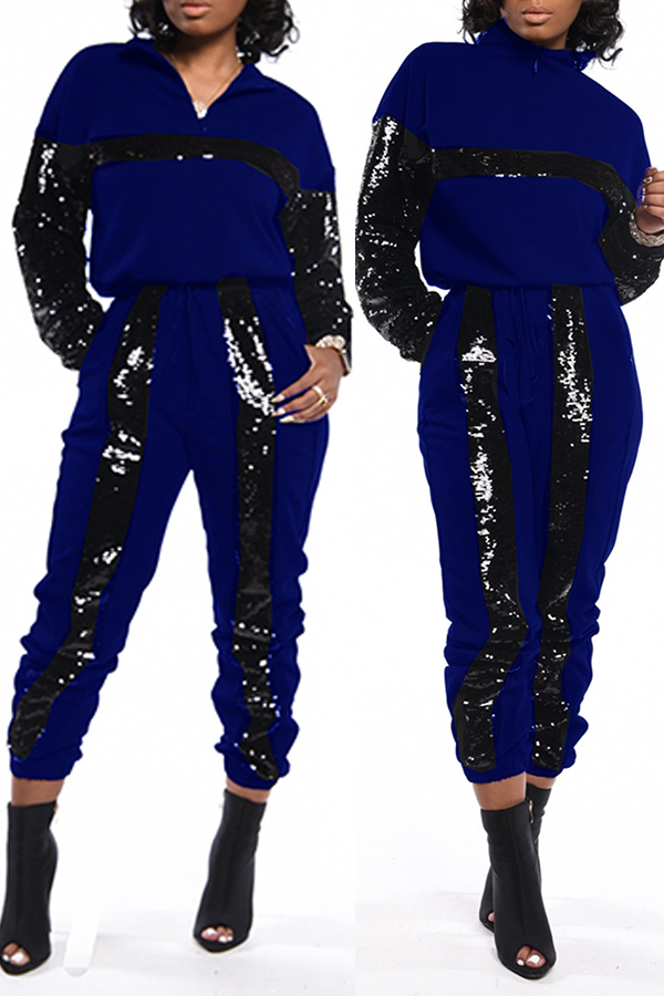 

Lovely Casual Patchwork Blue Two-piece Pants Set