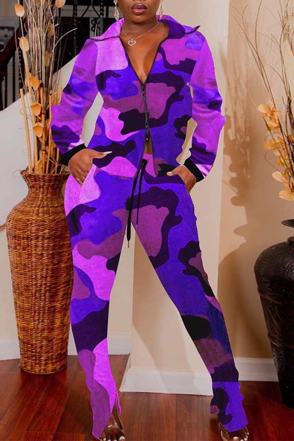 

Lovely Casual Turndown Collar Camouflage Printed Purple Two-piece Pants Set