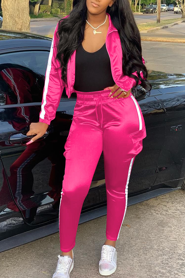

Lovely Casual Patchwork Rose Red Two-piece Pants Set