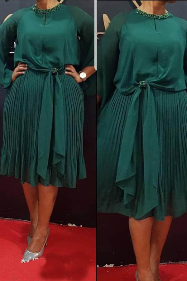 

Lovely Casual O Neck Ruffle Design Army Green Knee Length Plus Size Dress