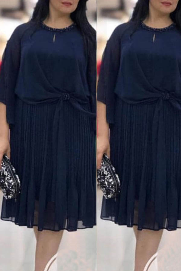 

Lovely Casual O Neck Ruffle Design Dark Blue Knee Length Plus Size Dress