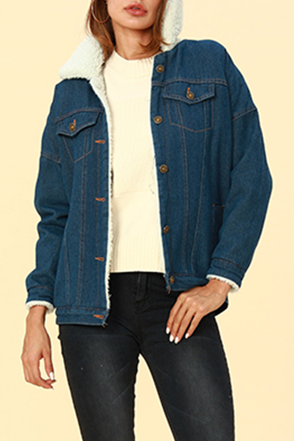 

Lovely Trendy Patchwork Deep Blue Denim Jacket