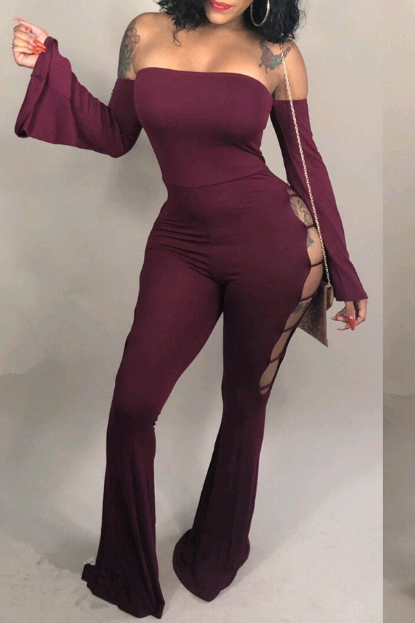 Cheap Jumpsuit Lovely Sexy Hollow-out Wine Red One-piece Jumpsuit