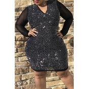 Lovely Party Patchwork Black Mini Plus Size Dress
