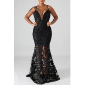 Lovely Party Lace Patchwork Black Floor Length Tru