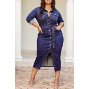 Lovely Casual Button Design Deep Blue Plus Size Mi