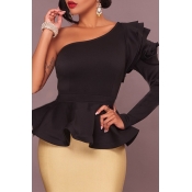 Lovely Trendy Flounce Design Black Blouse