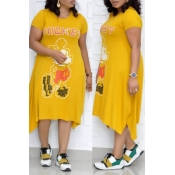 Lovely Leisure Printed Yellow Mid Calf Plus Size D