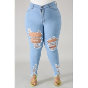 Lovely Casual Hollow-out Baby Blue Plus Size Jeans