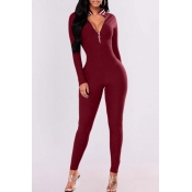 Lovely Casual Patchwork Wine Red One-piece Jumpsui