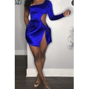 Lovely Chic One Shoulder Hollow-out Blue Mini Dres