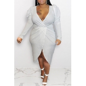 Lovely Casual V Neck Silver Mid Calf Plus Size Dre