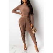 Lovely Casual Crop Top Coffee Two-piece Pants Set(
