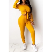 Lovely Casual Knot Design Yellow Two-piece Pants S