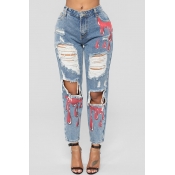 Lovely Trendy Hollow-out Printed Sky Blue Jeans