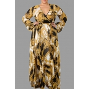 Lovely Casual V Neck Printed Yellow Floor Length P