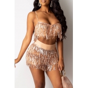 Lovely Sexy Tassel Design Apricot Two-piece Shorts