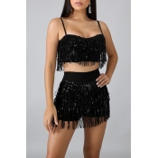 Lovely Sexy Tassel Design Black Two-piece Shorts S