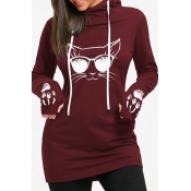 Lovely Casual Hooded Collar Cat Printed Wine Red H