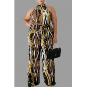 Lovely Casual Printed Khaki Plus Size One-piece Ju