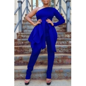 Lovely Leisure One Shoulder Blue One-piece Jumpsui