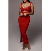 Lovely Sweet Hollow-out Red Ankle Length Dress