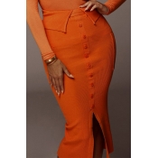 Lovely Chic Buttons Design Orange Mid Calf Skirt