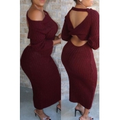 Lovely Casual O Neck Hollow-out Wine Red Ankle Len