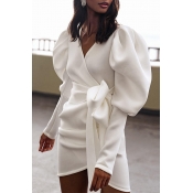 Lovely Trendy V Neck Asymmetrical White Mini Dress