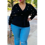 Lovely Casual V Neck Black Plus Size Sweater
