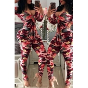 Lovely Trendy Camouflage Printed Red One-piece Jum