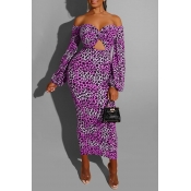Lovely Casual Leopard Printed Purple Mid Calf Dres
