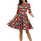 Lovely Christmas Day Printed Green Knee Length Dre