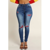 Lovely Casual Patchwork Deep Blue Jeans