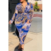 Lovely Casual Printed Blue Plus Size One-piece Jum