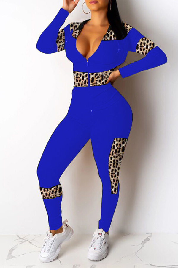

Lovely Casual Patchwork Hooded Collar Blue Two-piece Pants Set