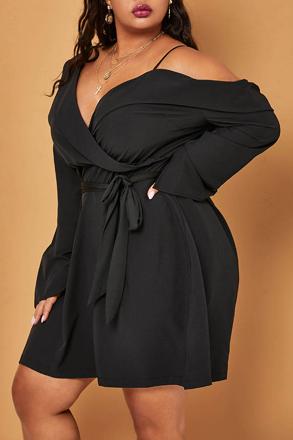 

Lovely Casual Dew Shoulder Black Knee Length Plus Size Dress