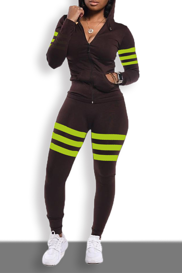 

Lovely Sportswear Striped Patchwork Coffee Two-piece Pants Set