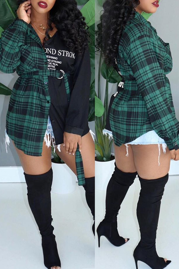 

Lovely Casual Turndown Collar Plaid Printed Green Blouse