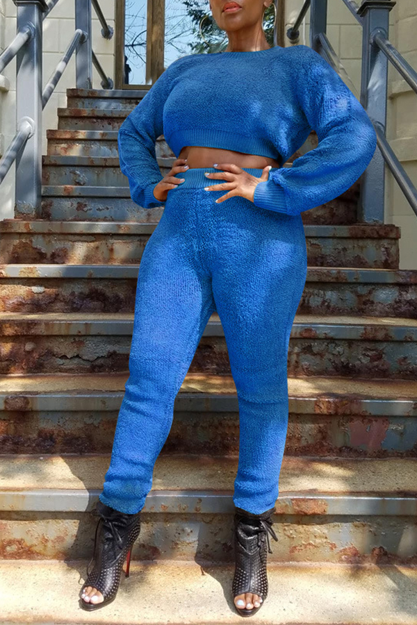 

Lovely Casual Basic Blue Two-piece Pants Set