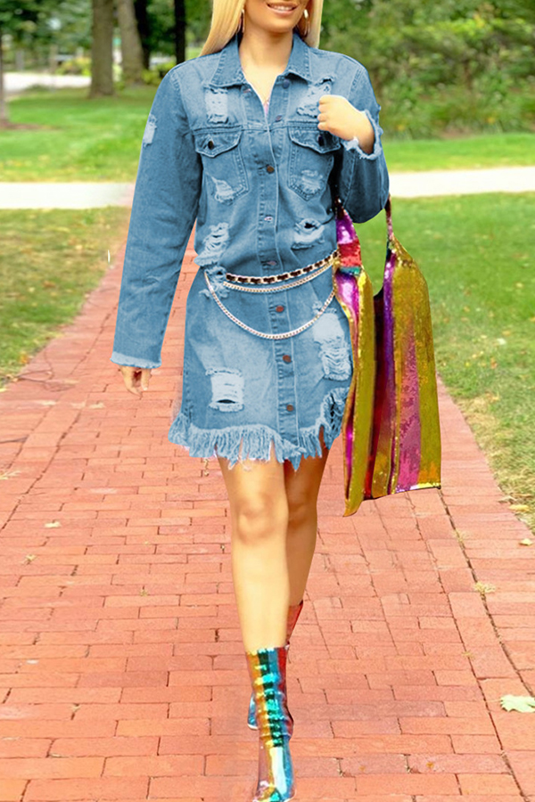 

Lovely Casual Turndown Collar Broken Holes Baby Blue Blouse