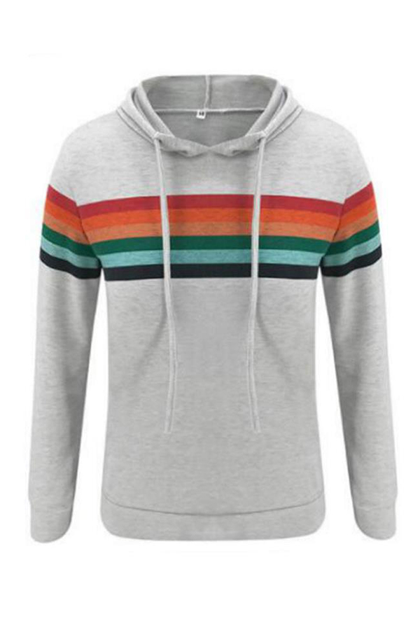 Cheap Hoodies Lovely Casual Rainbow Striped Grey Hoodie