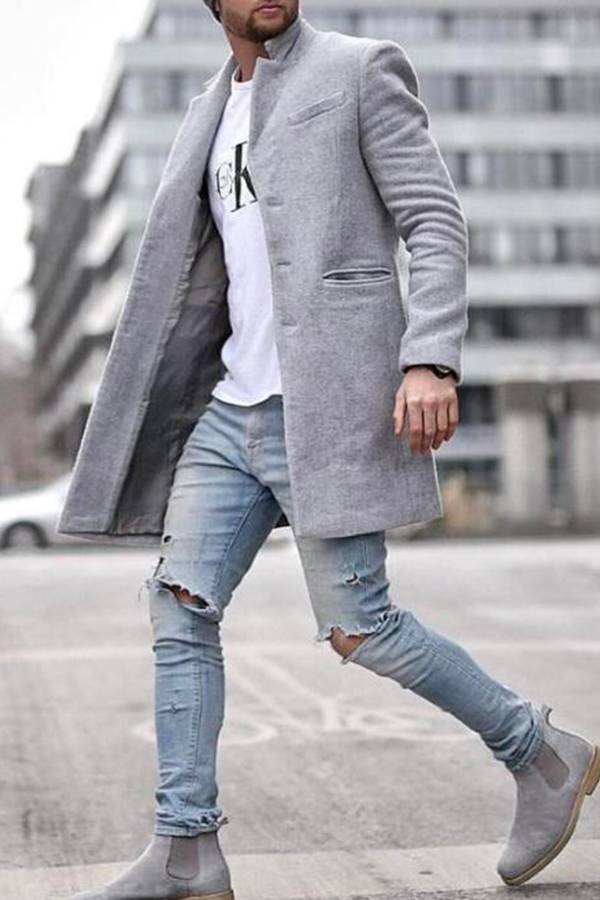 Cheap Wool&Blends Lovely Casual Turndown Collar Grey Coat