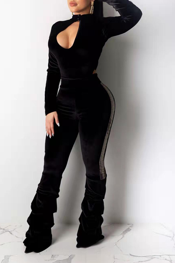 Lovely Trendy Ruffle Design Black Two-piece Pants Set